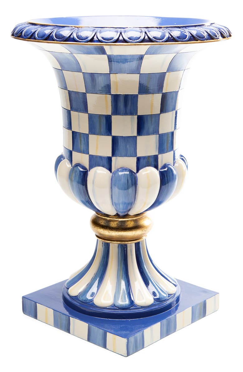 MACKENZIE CHILDS Royal Check Pedestal Tabletop Urn, Main, color, Blue/ White