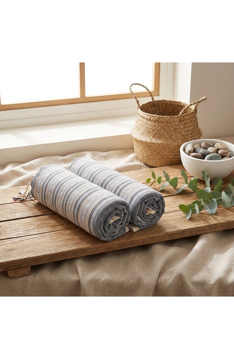 Zsa Zsa Zsu Baklan Fringed Yarn Dyed Striped 100% Cotton Peshtemal Set Of 2, Alternate, color, Blue