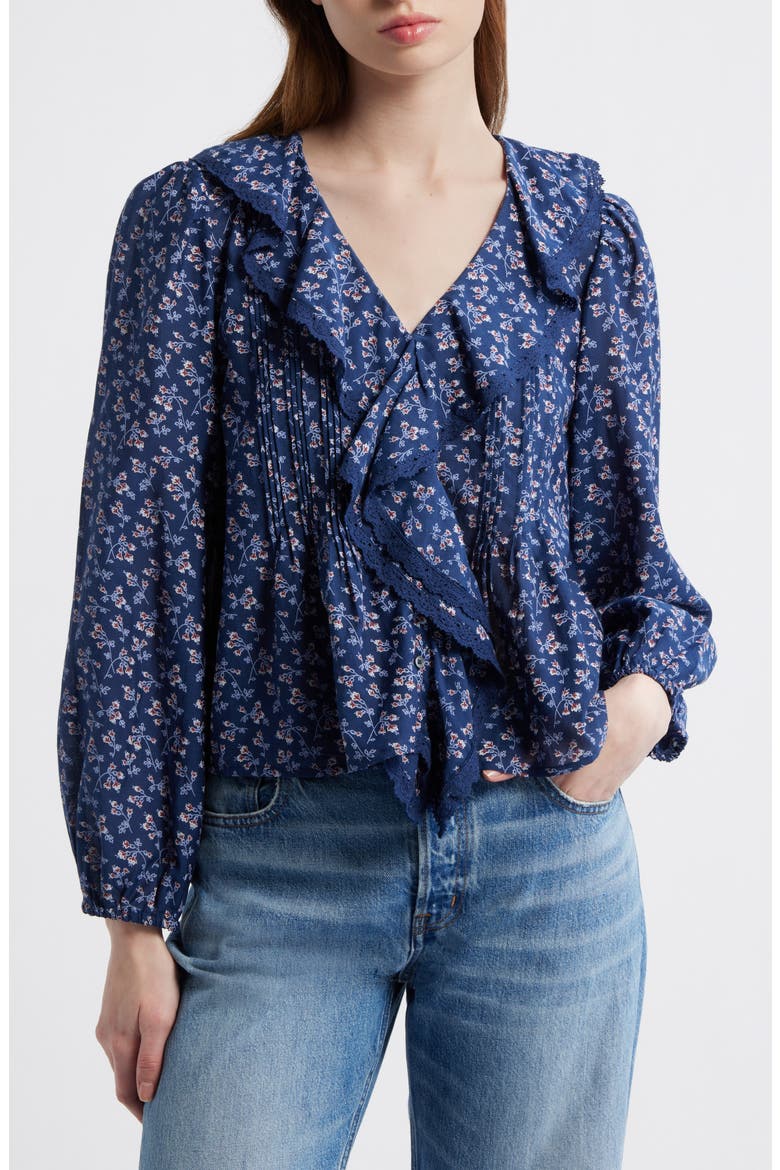 Lace Insert Ruffle Pintuck Long Sleeve Top, Main, color, DITSY BOUQUET FLORAL