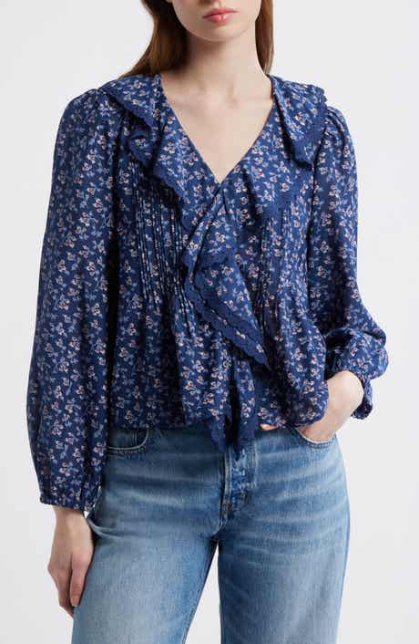 Lace Insert Ruffle Pintuck Long Sleeve Top