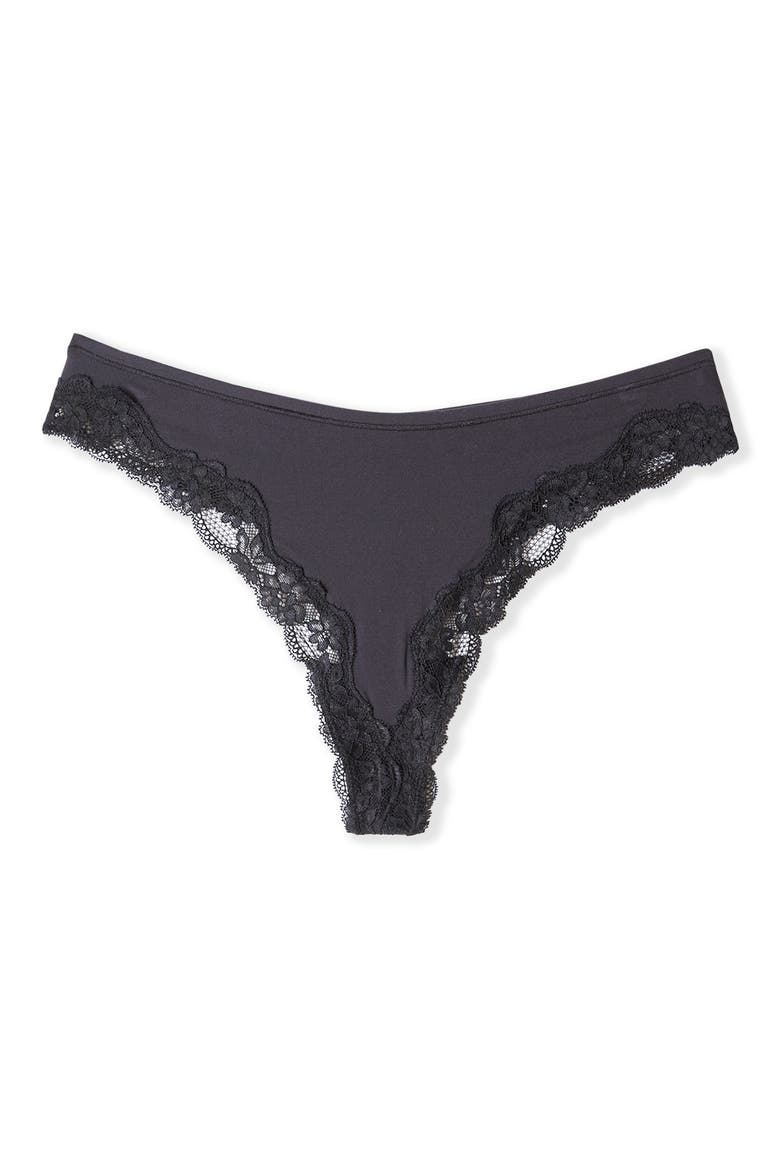 Pure Soft Lace Trim Tanga Thong, Alternate, color, BLACK