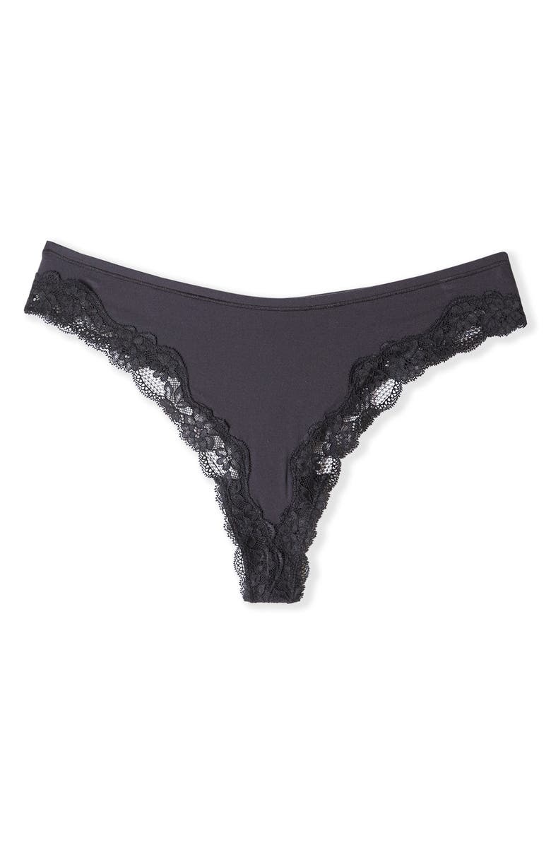 Etam Pure Soft Lace Trim Tanga Thong, Alternate, color, Black