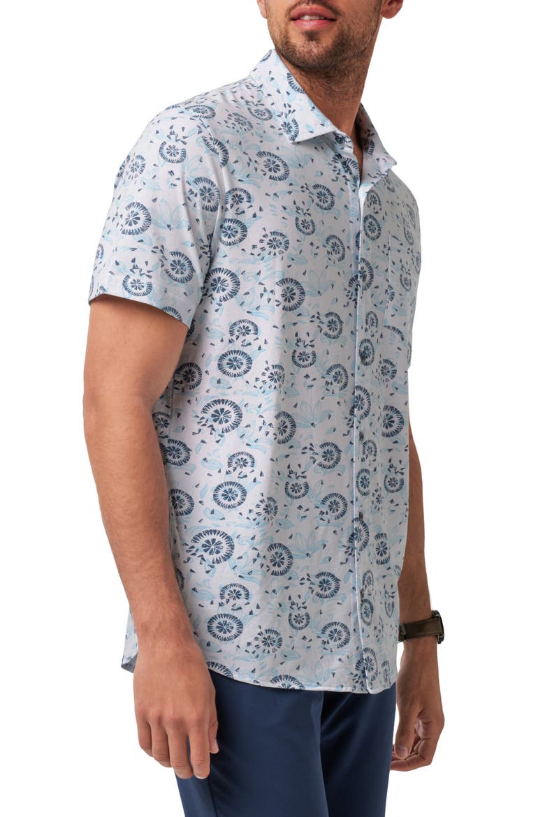 Flourish Floral Medallion Short Sleeve Stretch Cotton & Modal Blend Button-Up Shirt, Alternate, color, WHITE