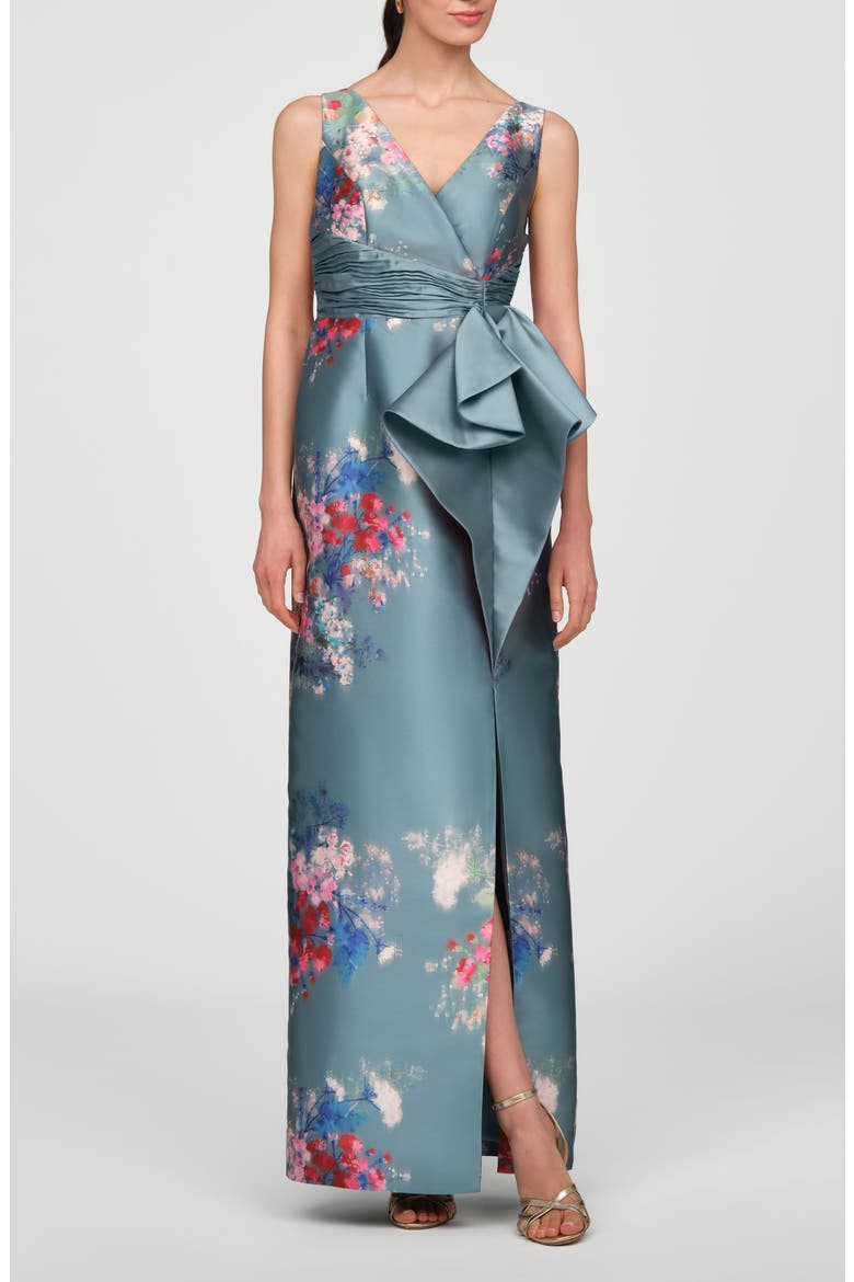 Kathleen Placed Floral Mikado Column Gown, Main, color, CYAN MULTI