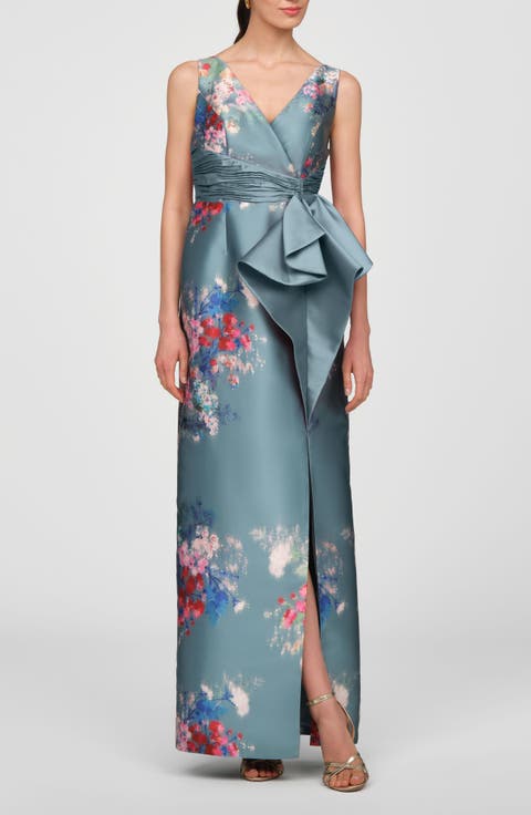 Kathleen Placed Floral Mikado Column Gown