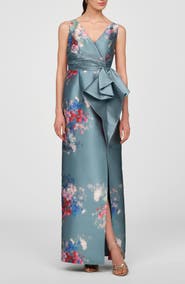 Kay Unger Kathleen Placed Floral Mikado Column Gown