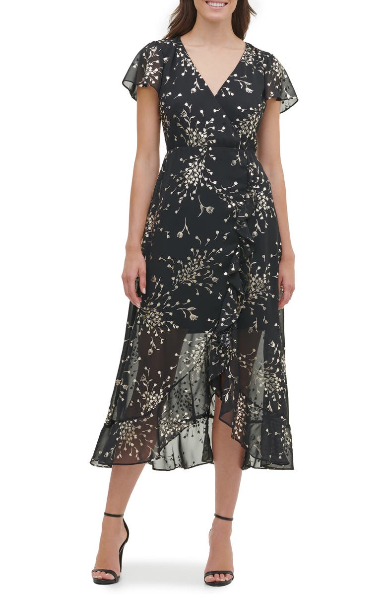 Kensie Metallic Floral Short Sleeve Faux Wrap Midi Dress, Main, color,