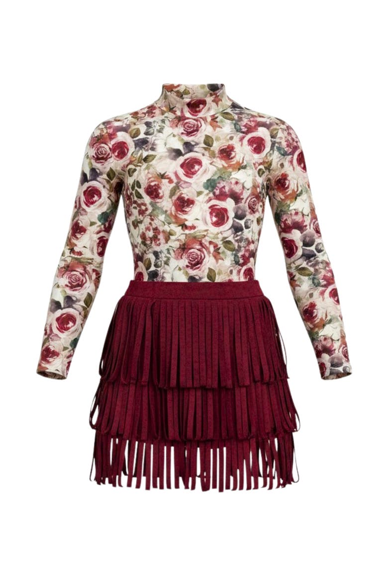 Autumn Rose Top and Fringe Skort Set, Main, color, Burgundy