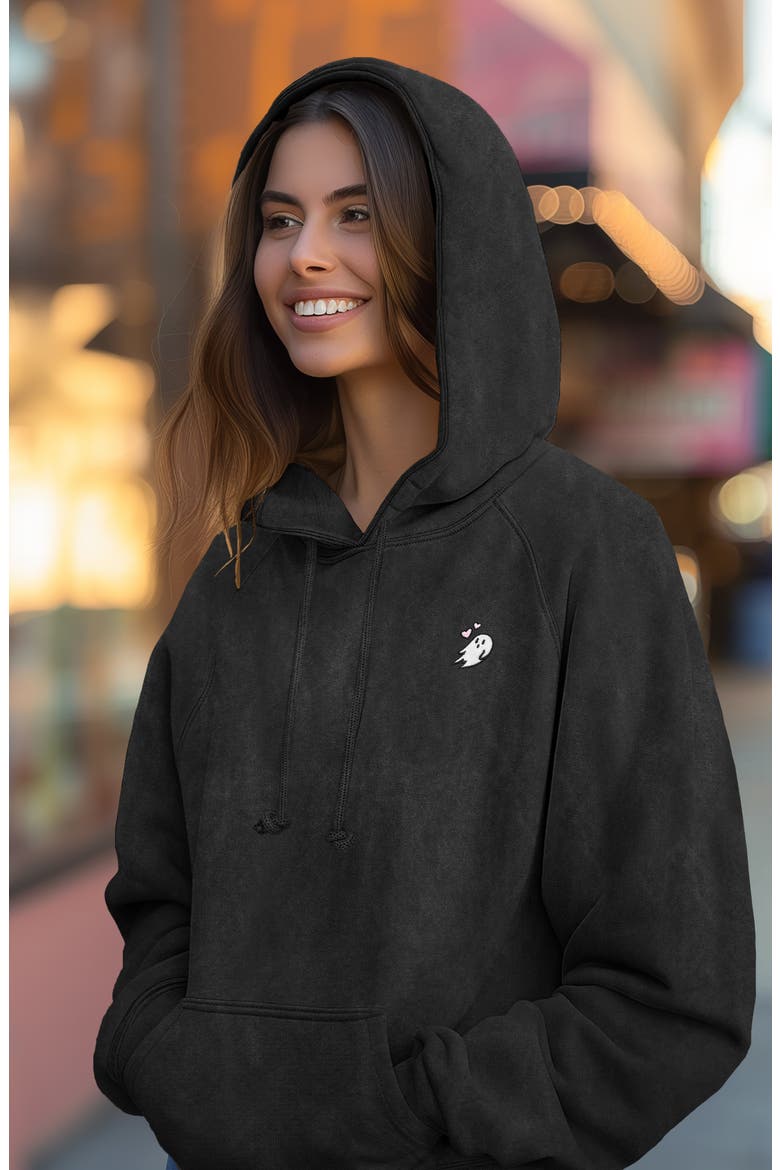 Womens Heartly Ghost Mineral Washed Hoodie, Alternate, color, Black