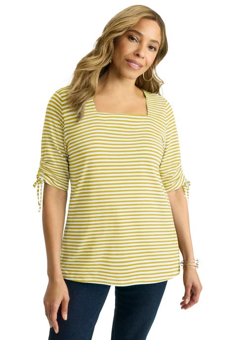 Stretch Cotton Tie Sleeve Square Neck Tee