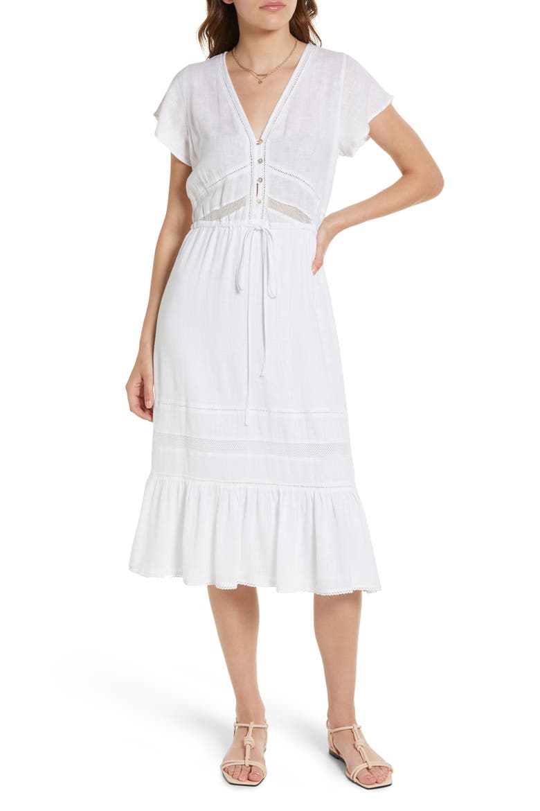 Kiki Tie Front Linen Blend Dress, Main, color, WHITE LACE DETAIL