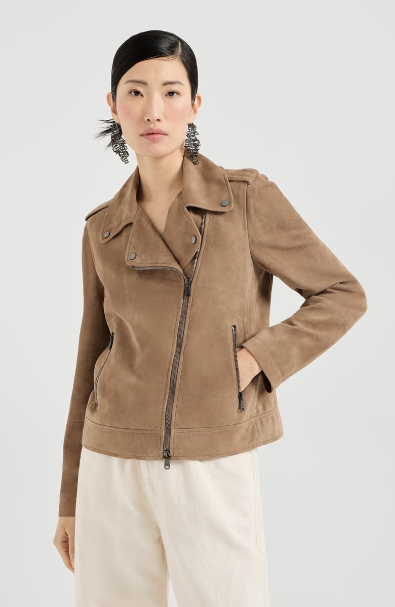 Brunello Cucinelli Suede biker jacket, Main, color, Hazelnut