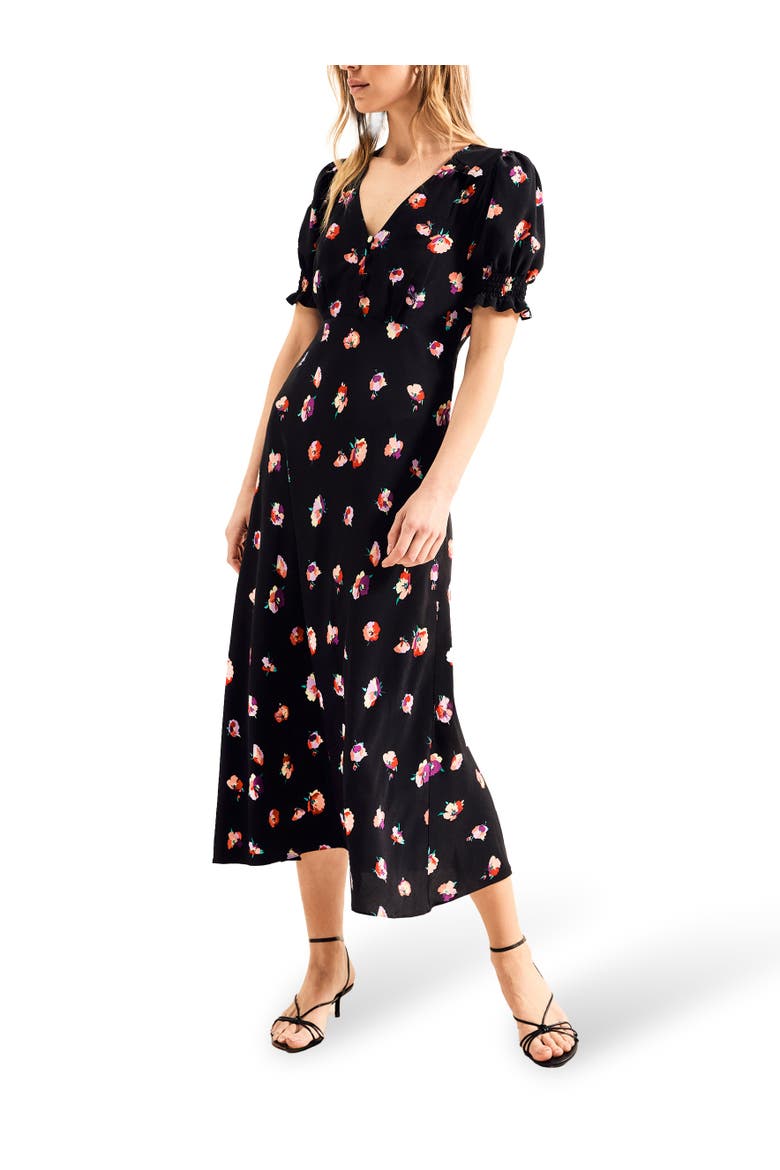 Pansy Print Shirred Cuff Midi Dress, Alternate, color, Multi