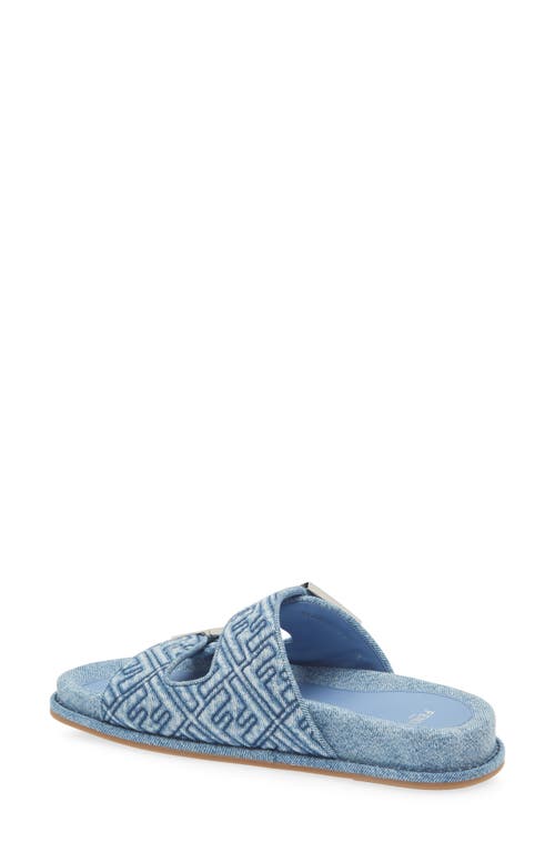 Fendi Ff Embroidered Denim Dual Buckle Slide Sandals In Blue