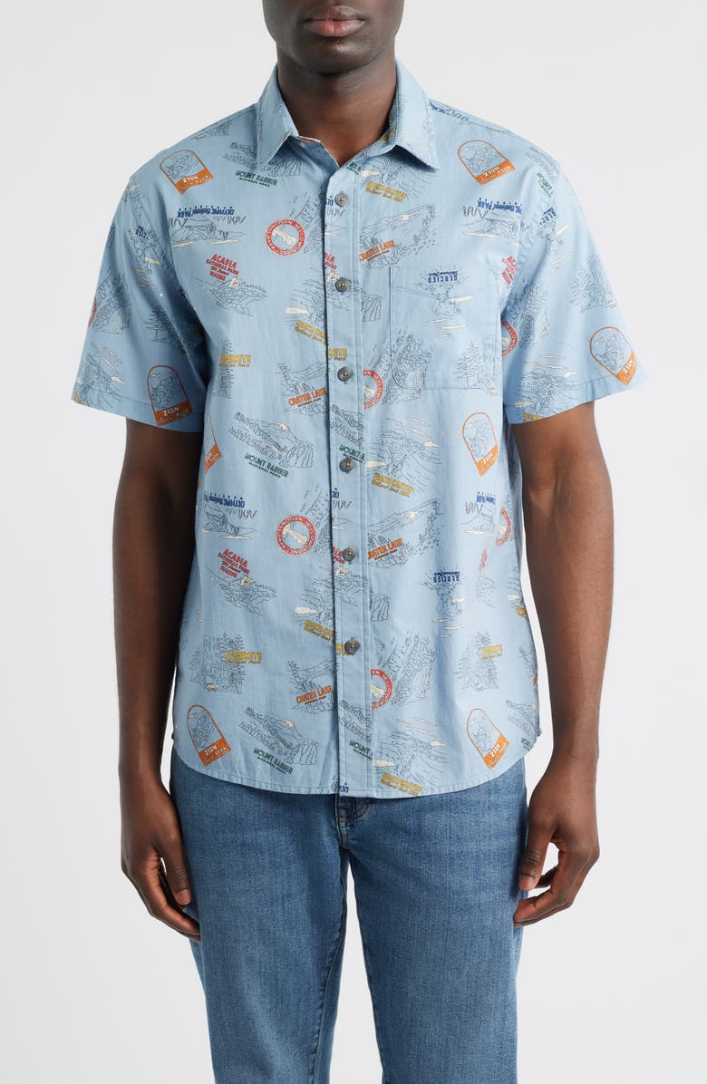 Pendleton Shoreline National Park Print Short Sleeve Cotton Button-Up Shirt, Main, color, National Park Blue