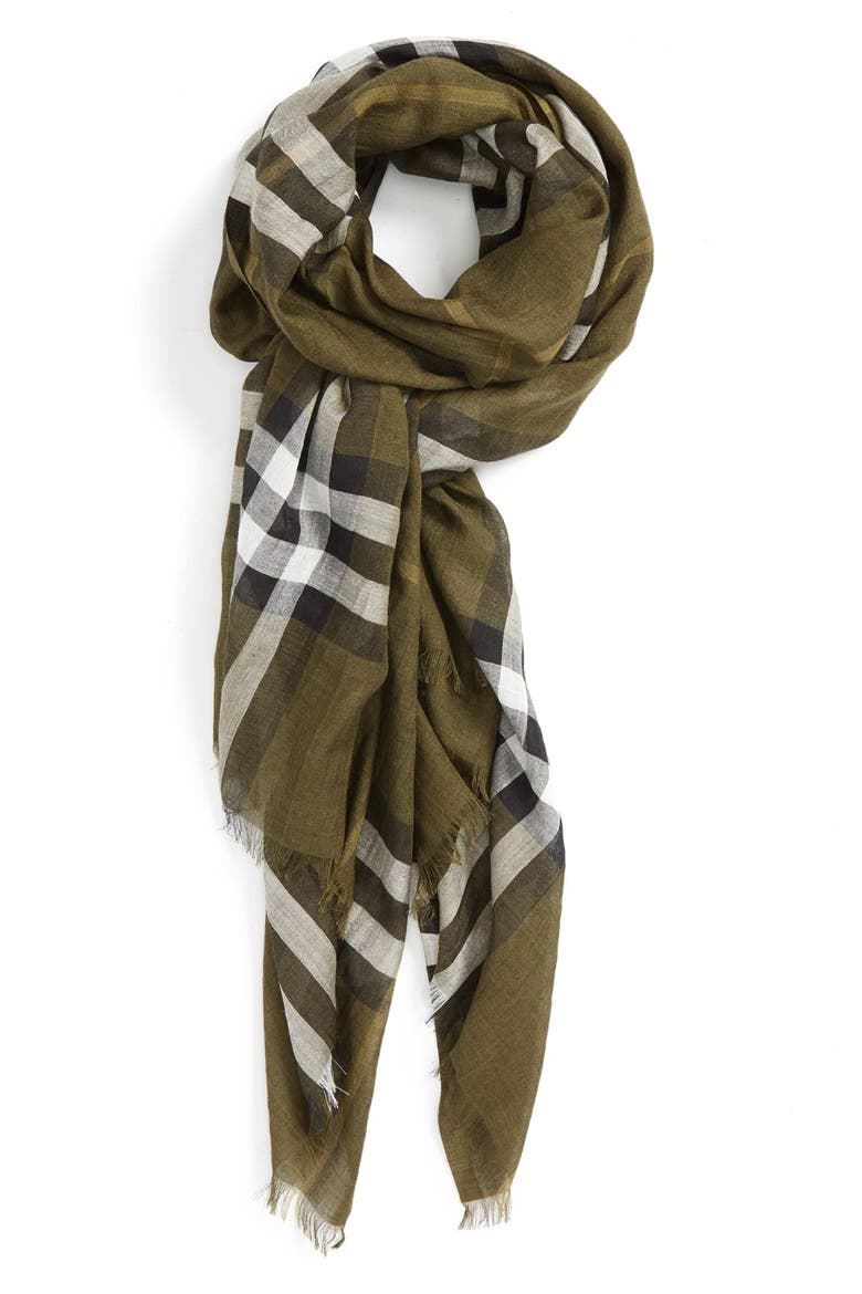 Giant Check Print Wool & Silk Scarf, Main, color, OLIVE GREEN