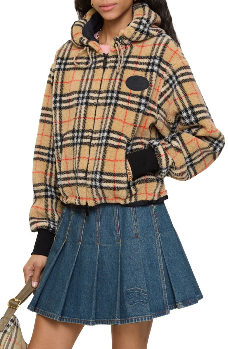 Burberry Fiona Check Fleece Crop Jacket, Alternate, color, Sand Ip Check