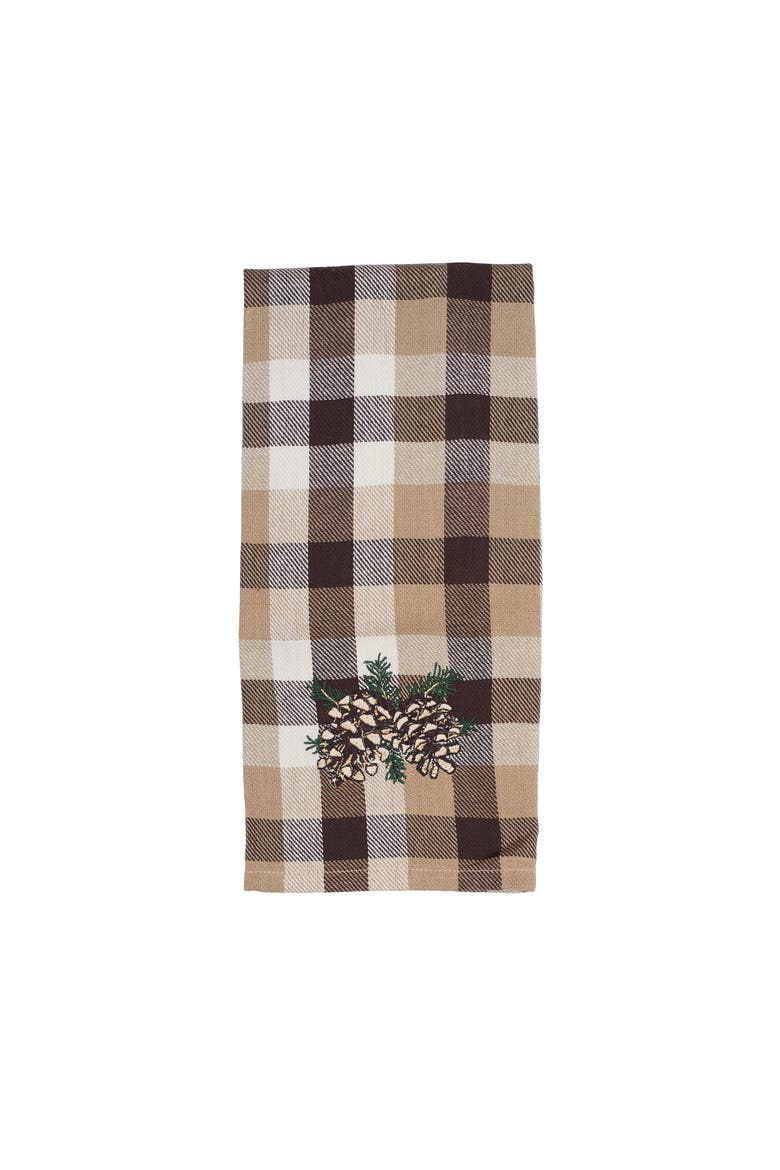 Plaid Pinecone Cotton Woven Kitchen Towel, Main, color, White