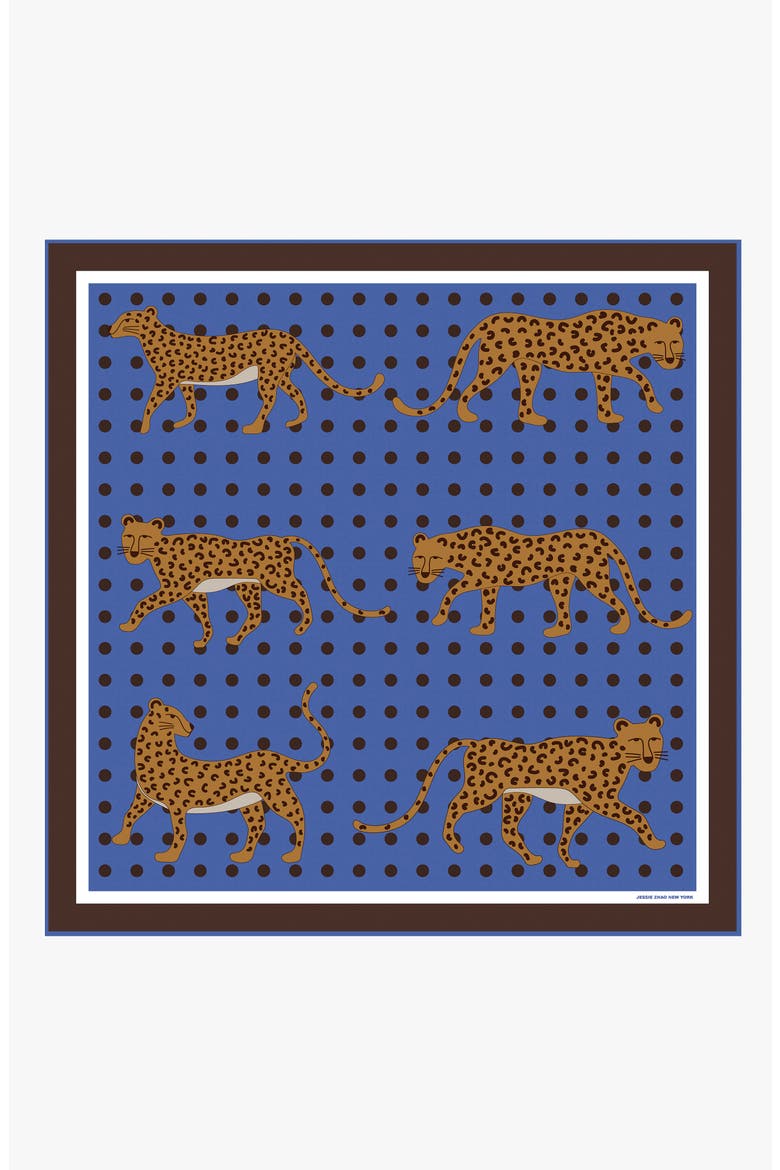 Double Sided Silk Scarf Of Blue Leopards Garden, Main, color, Blue
