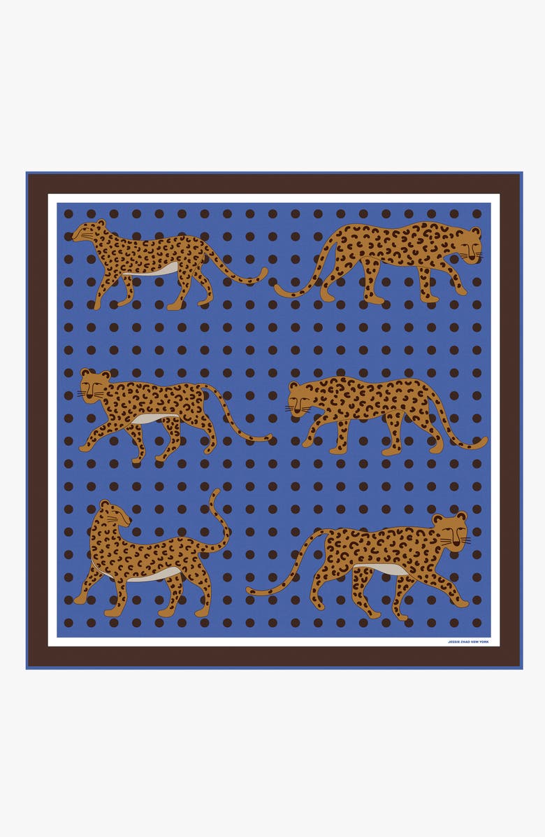 Jessie Zhao New York Double Sided Silk Scarf Of Blue Leopards Garden, Main, color, Blue