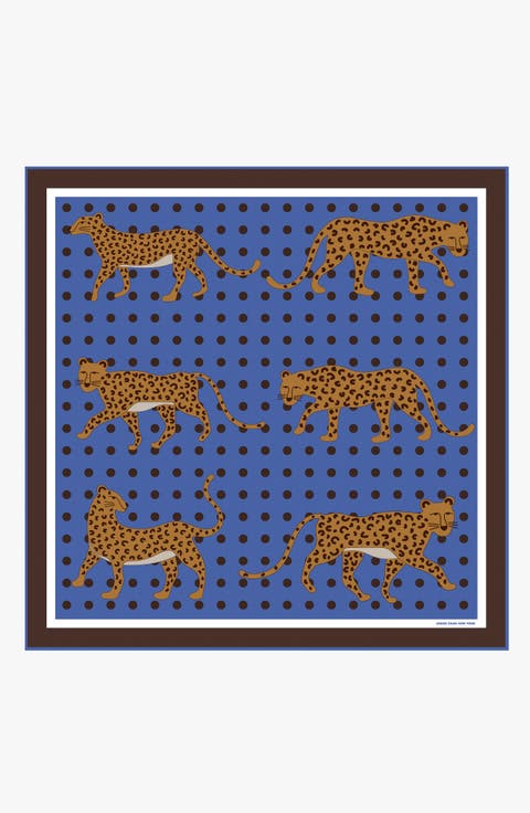 Double Sided Silk Scarf Of Blue Leopards Garden