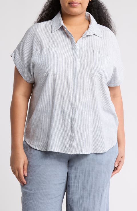 Double Pocket Linen Blend Camp Shirt (Plus)