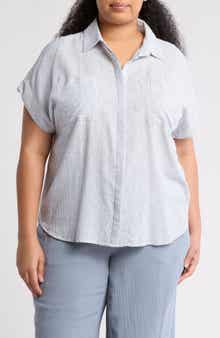 Caslon® Double Pocket Linen Blend Camp Shirt