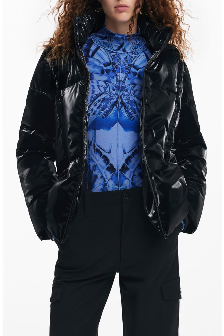 Faux Patent Leather Padded Jacket, Main, color, BLACK