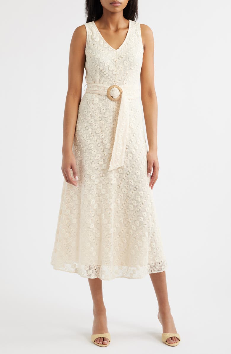 Anne Klein Embroidered Belted Sleeveless Midi Dress, Main, color, Light Dune