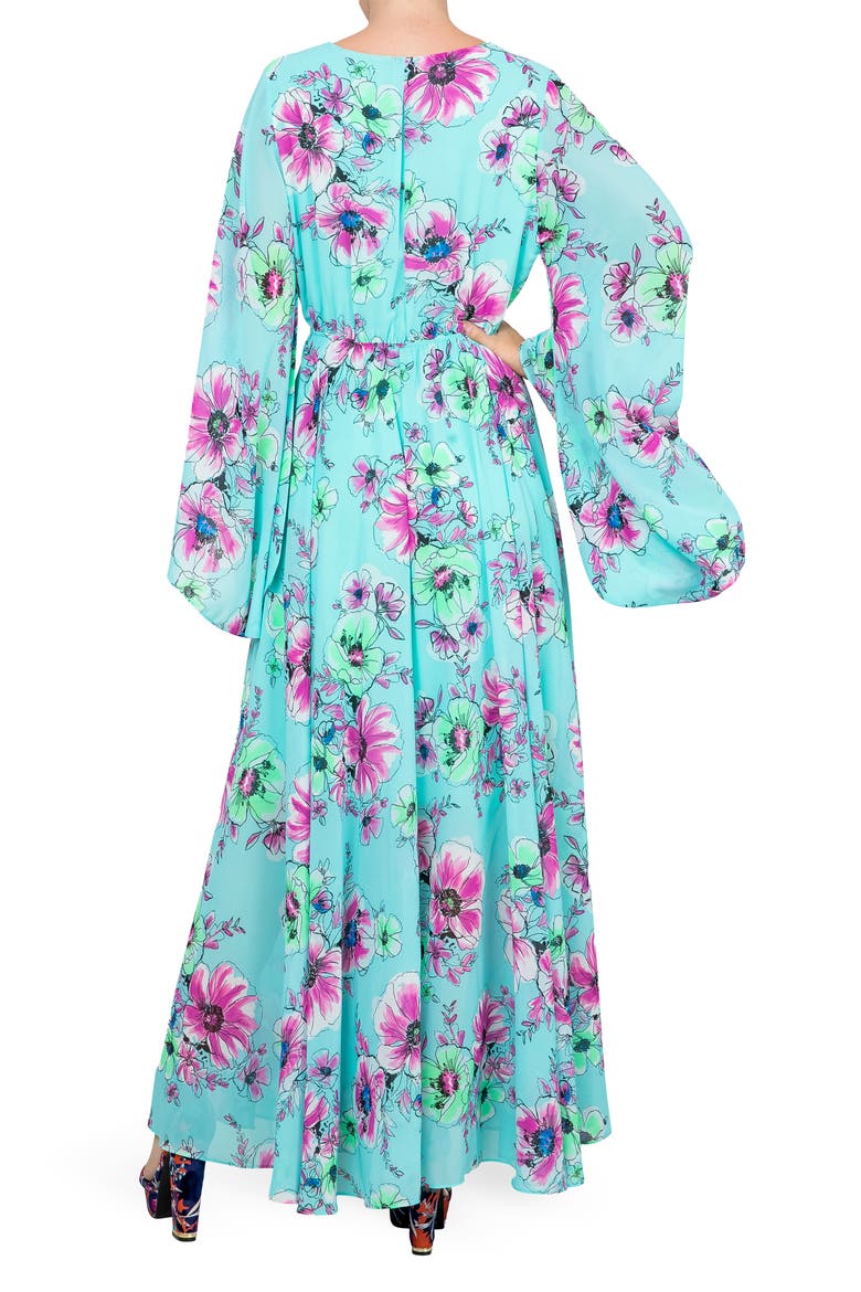 Sunset Floral Print Bell Sleeve Maxi Dress, Alternate, color, TURQUOISE PEONY