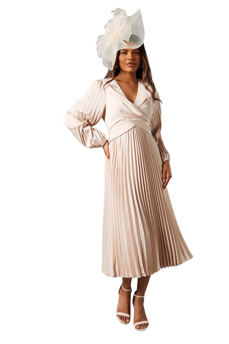 Petite Pleat Skirt Midi Dress, Main, color, Champagne