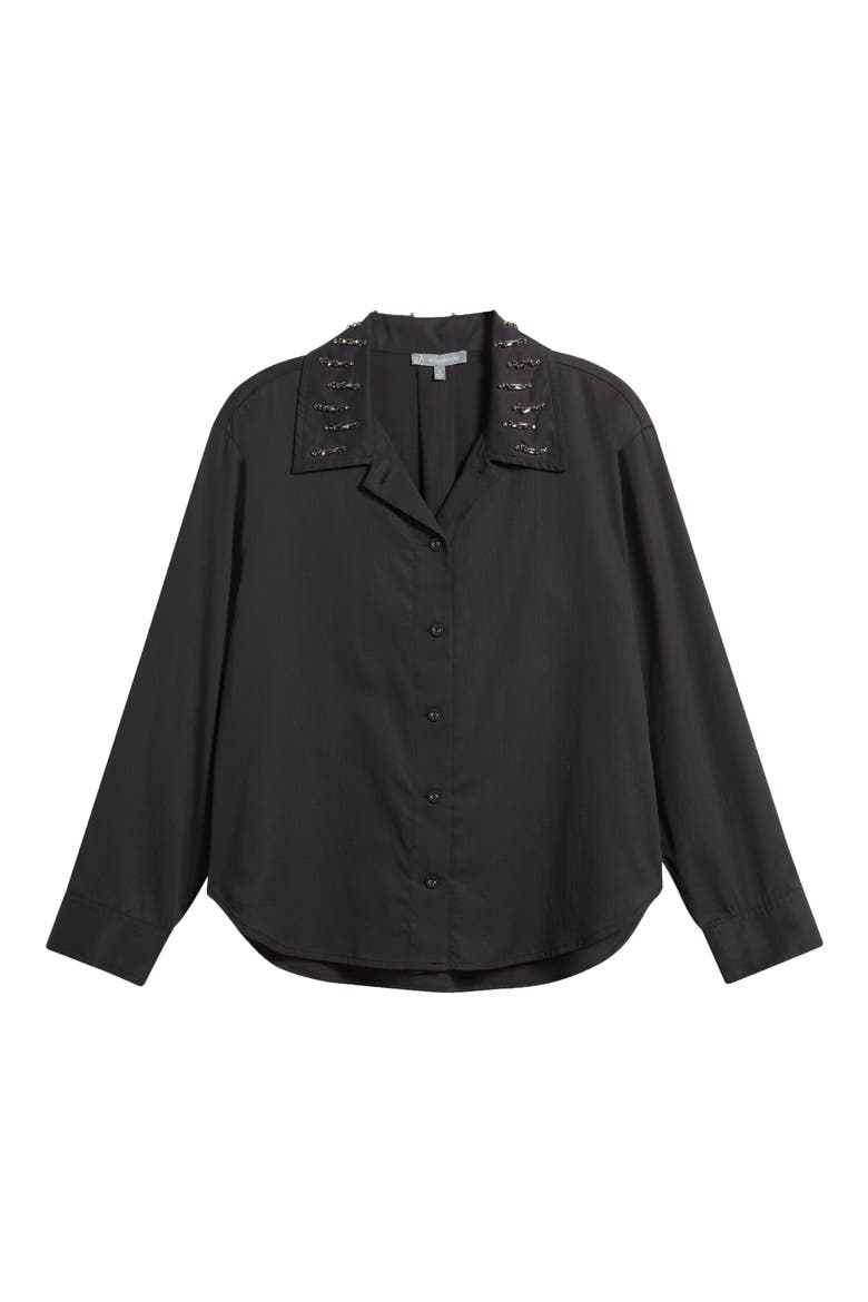Beaded Collar Cotton Blend Button-Up Shirt, Alternate, color, BLACK