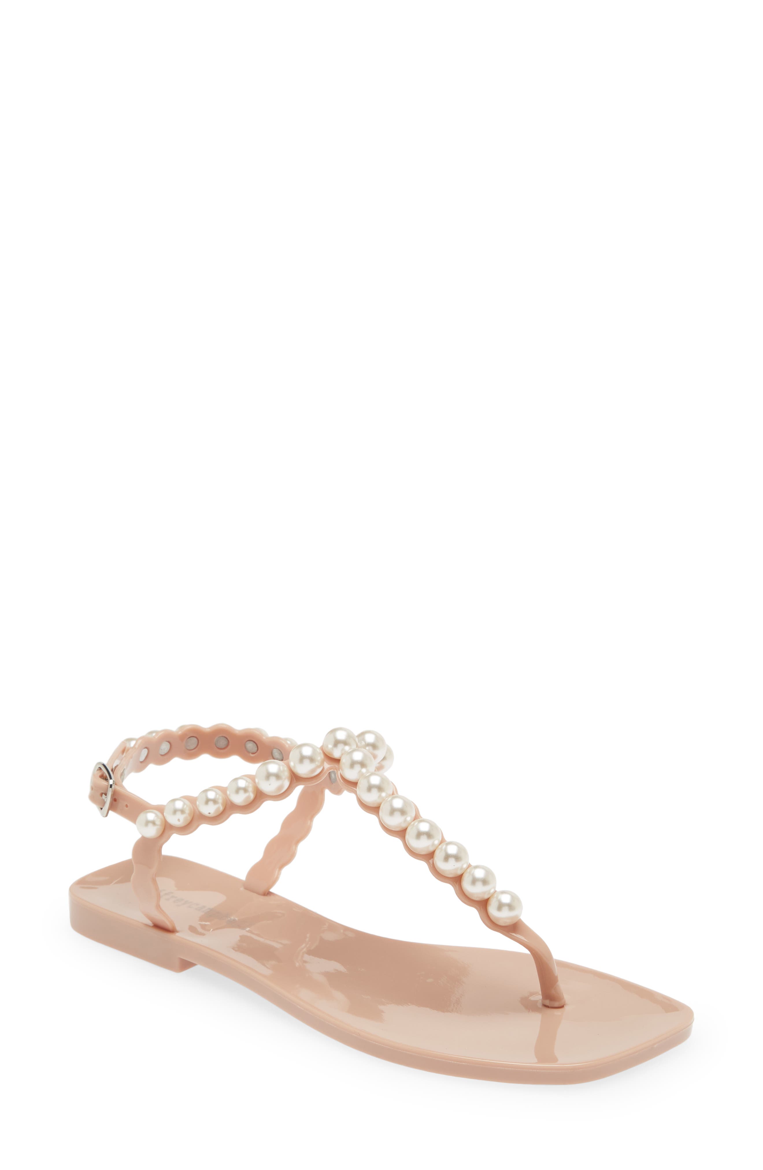 Pearlesque Imitation Pearl Ankle Strap Sandal, Main, color, NATURAL SHINY