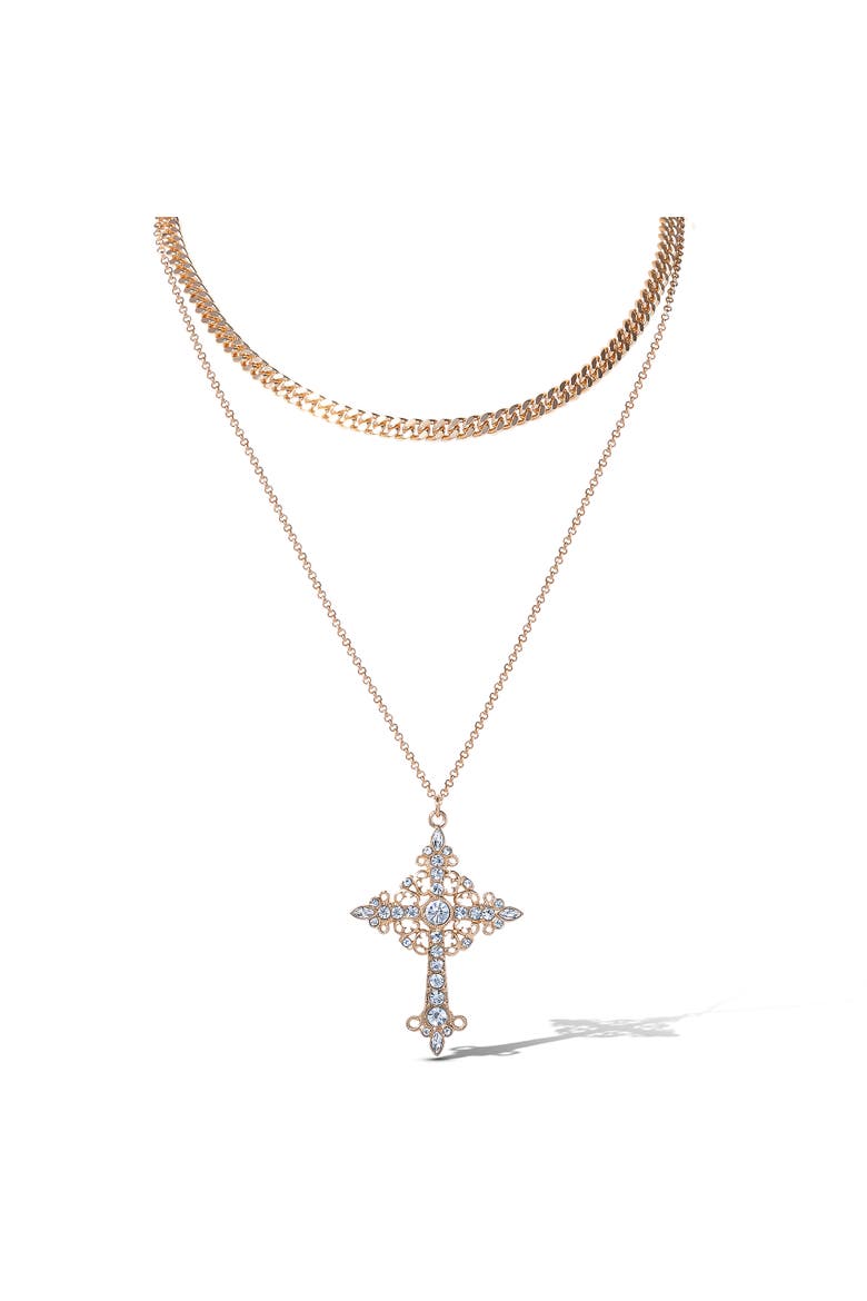 Layered Cross Necklace with Crystals, Main, color, Gold