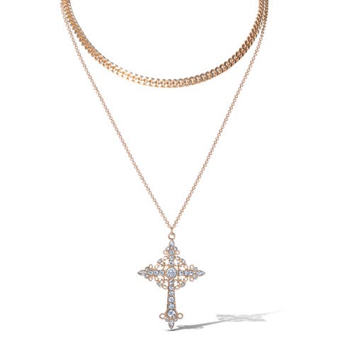 Layered Cross Necklace with Crystals