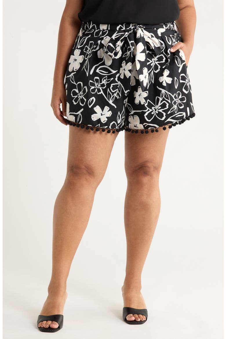 Kianza Floral Zaferia Pompom Cotton Shorts, Main, color, BLACK-WHITE