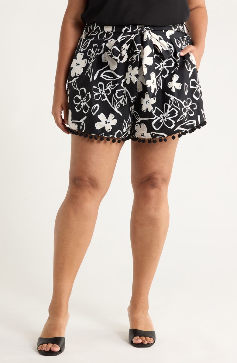 SUGARLIPS Kianza Floral Zaferia Pompom Cotton Shorts, Main, color, Black-White