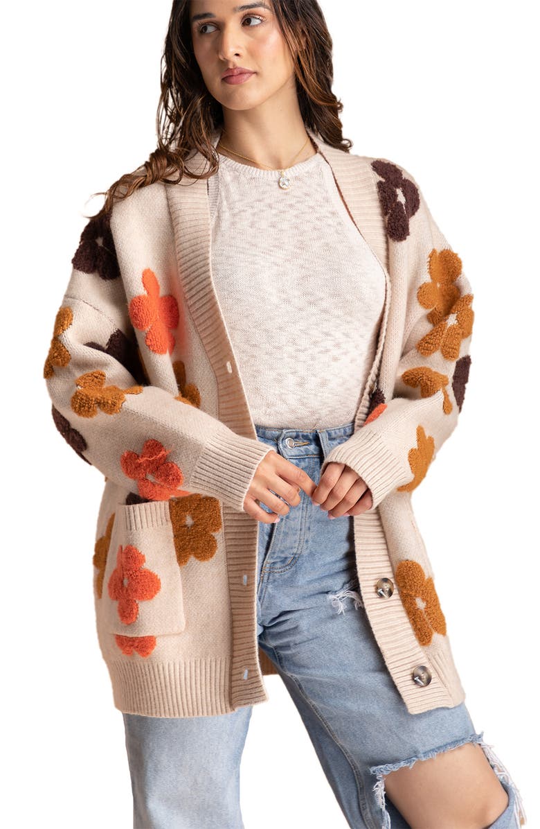 SAACHI Floral Print Button Front Cardigan, Alternate, color, Beige