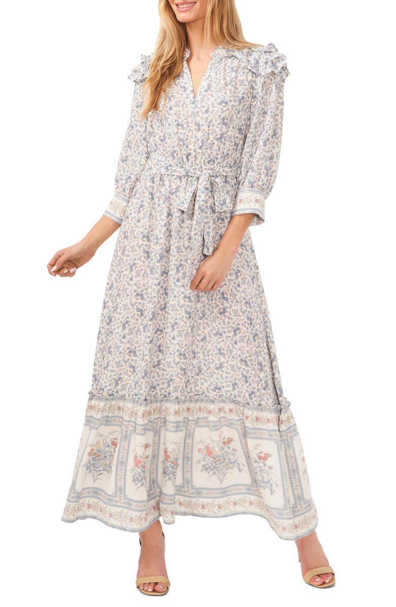 CeCe Floral Print Ruffle Tie Waist Maxi Dress, Main, color, 