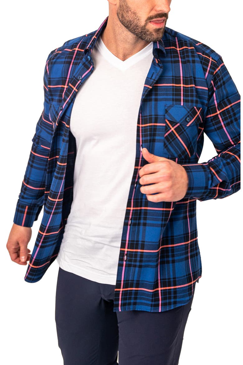 Plaid Embroidered Cotton Flannel Button-Up Shirt, Alternate, color, BLUE