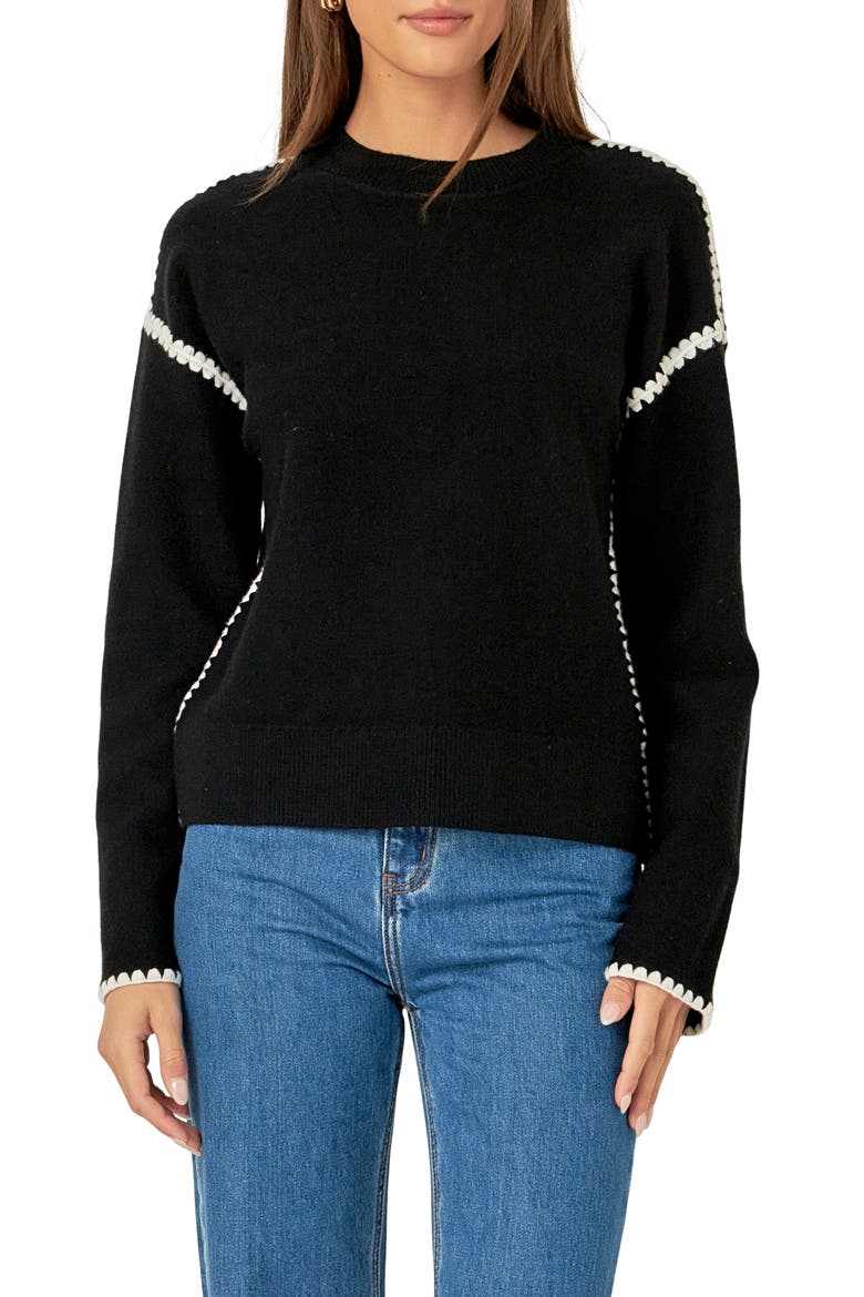 Embroidered Crewneck Sweater, Main, color, BLACK/WHITE