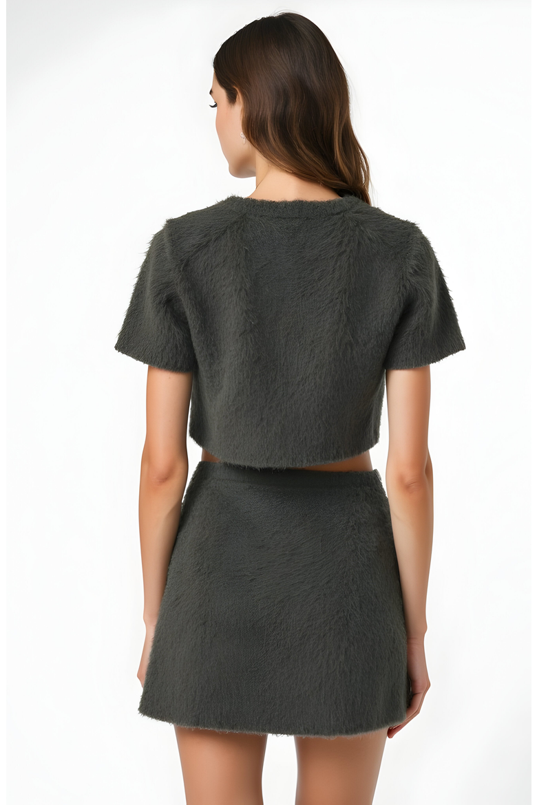 Fuzzy Knit Crop Top and Mini Skirt Set with Button Front Detail, Alternate, color, Gray