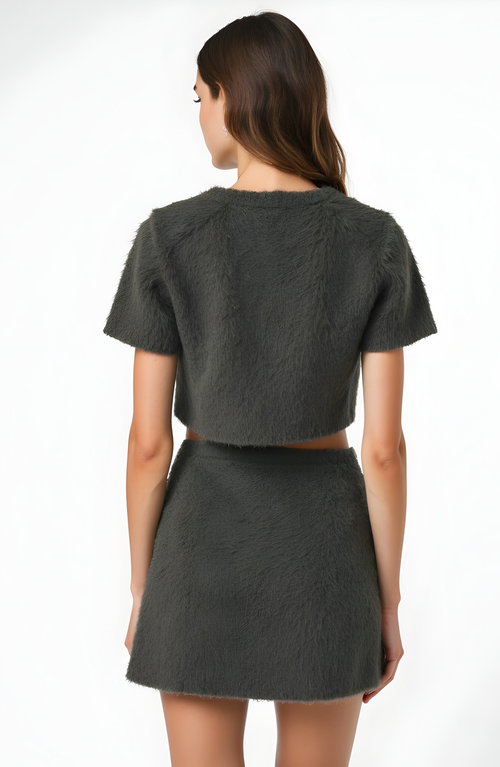 Modenaire Fuzzy Knit Crop Top And Mini Skirt Set With Button Front Detail In Gray