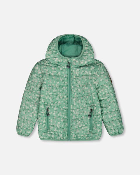 Girl's Printed Quilted Mid-Season Jacket Small White Flowers On Sage Green Background