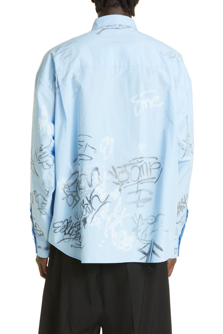 Gender Inclusive Graffiti Print Oversize Cotton Poplin Button-Up Shirt, Alternate, color, SKY BLUE