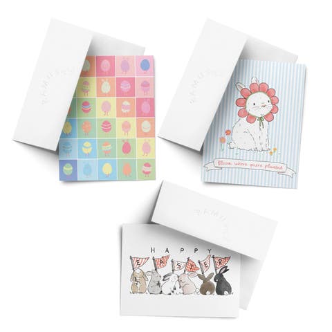 Easter Assorted Greeting Card Pack (3ct) "Rainbow Easter Eggs, Flower Bunny, Easter Bunnies"