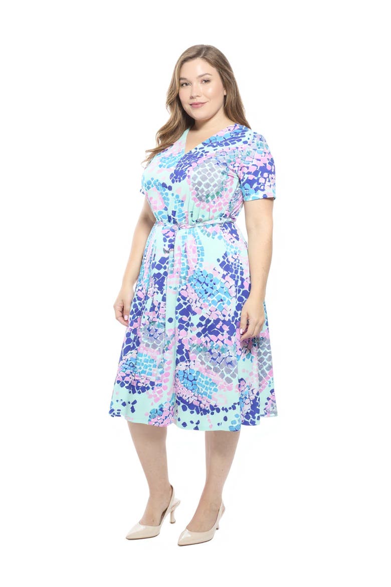 Curvy Essential V-Neck Short Sleeve A-Line Midi Dress, Alternate, color, Blue Multi