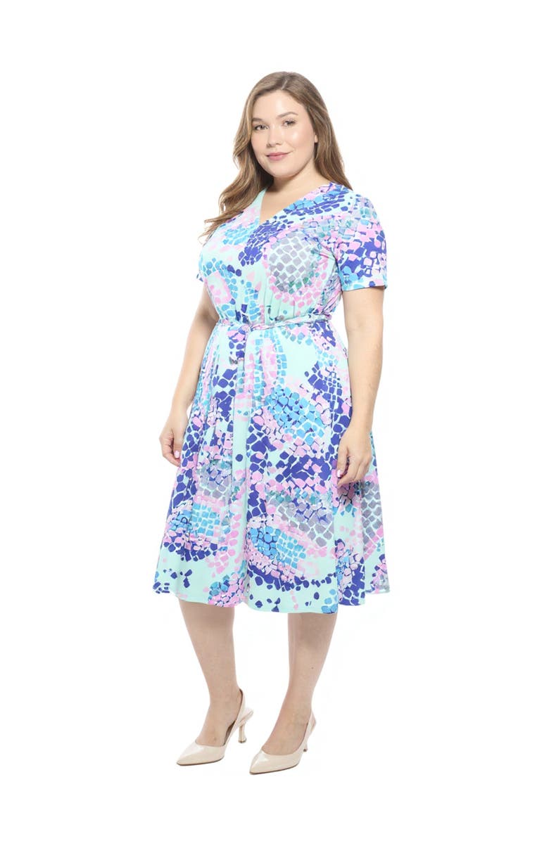 24seven Comfort Apparel Curvy Essential V-Neck Short Sleeve A-Line Midi Dress, Alternate, color, Blue Multi