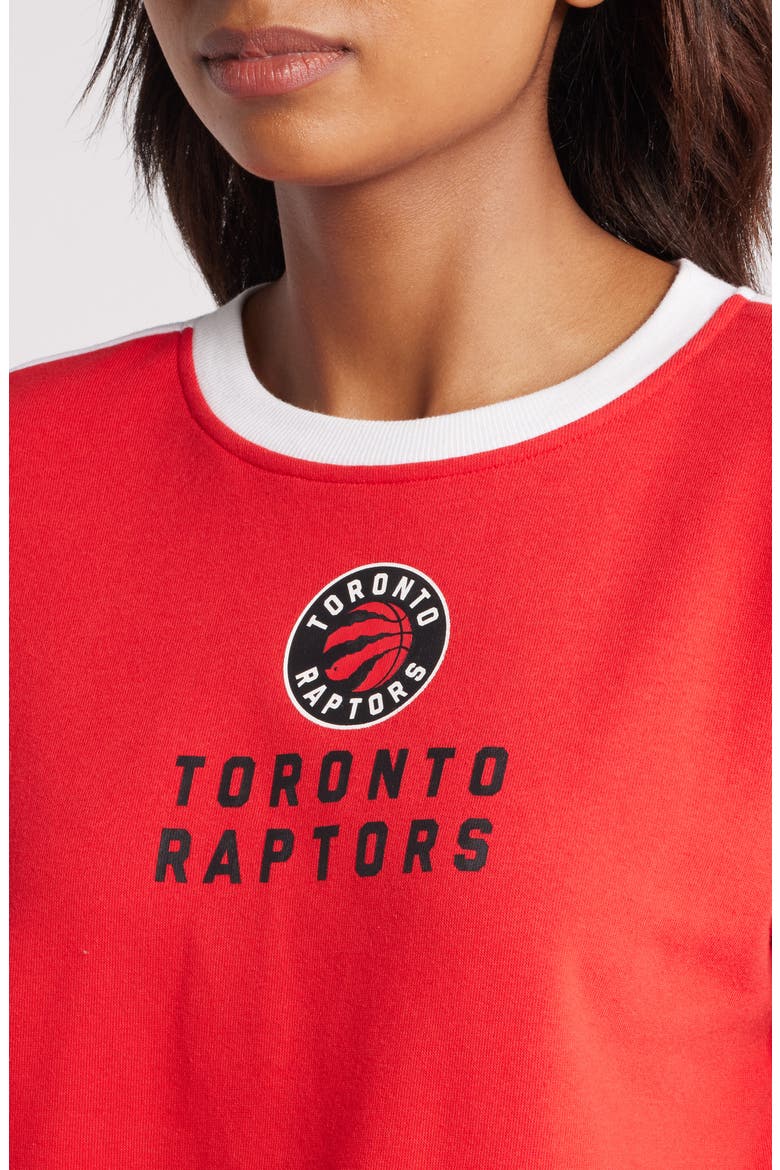 Women's WEAR by Erin Andrews Heather Red Toronto Raptors Mixed Letter Cropped Pullover Sweatshirt, Alternate, color, Heather Red