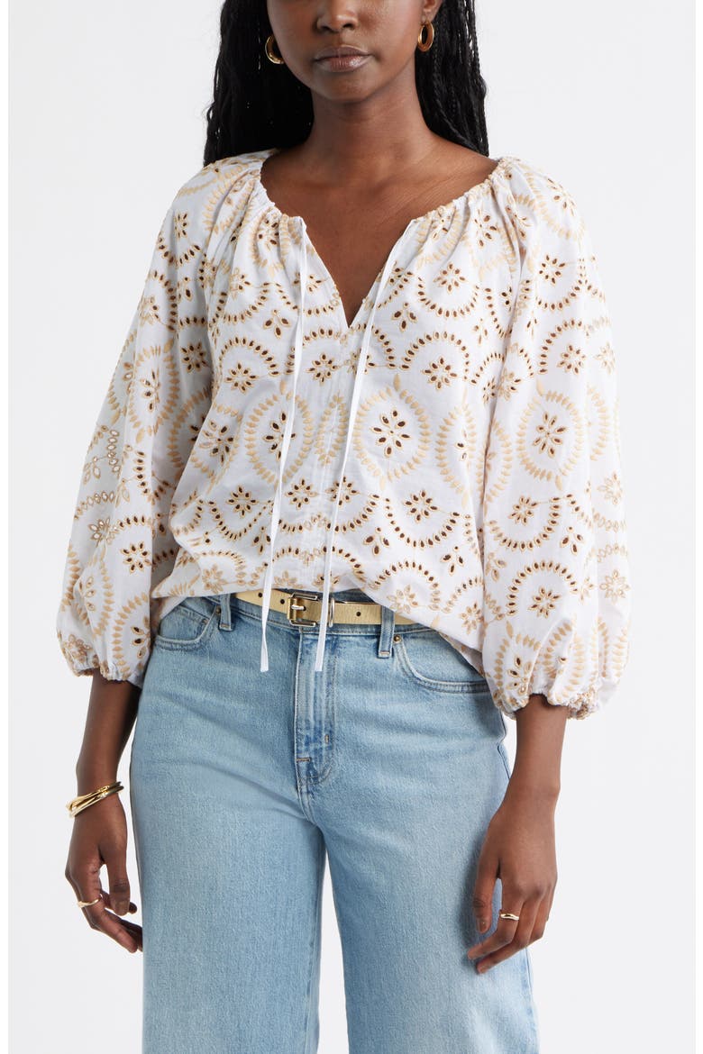 Embroidered Eyelet Lace Top, Main, color, WHITE- TAN SHORE EMBROIDERY